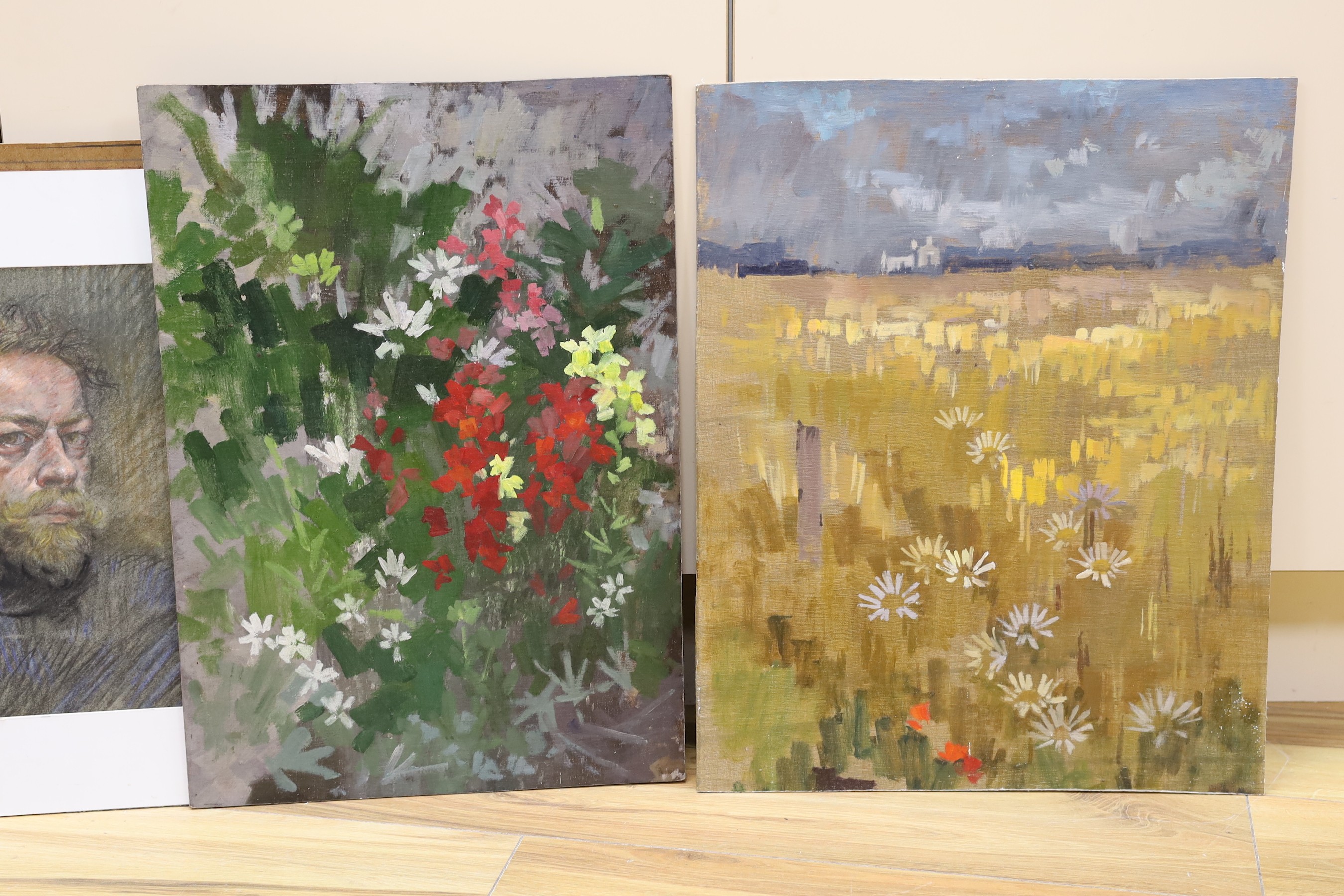 Michael Lawrence Cadman (1920-2010), five oils on board, Landscapes and figure studies, unfinished sketches, together with two watercolours and a pastel portrait, largest 51 x 41cm, mostly unframed
